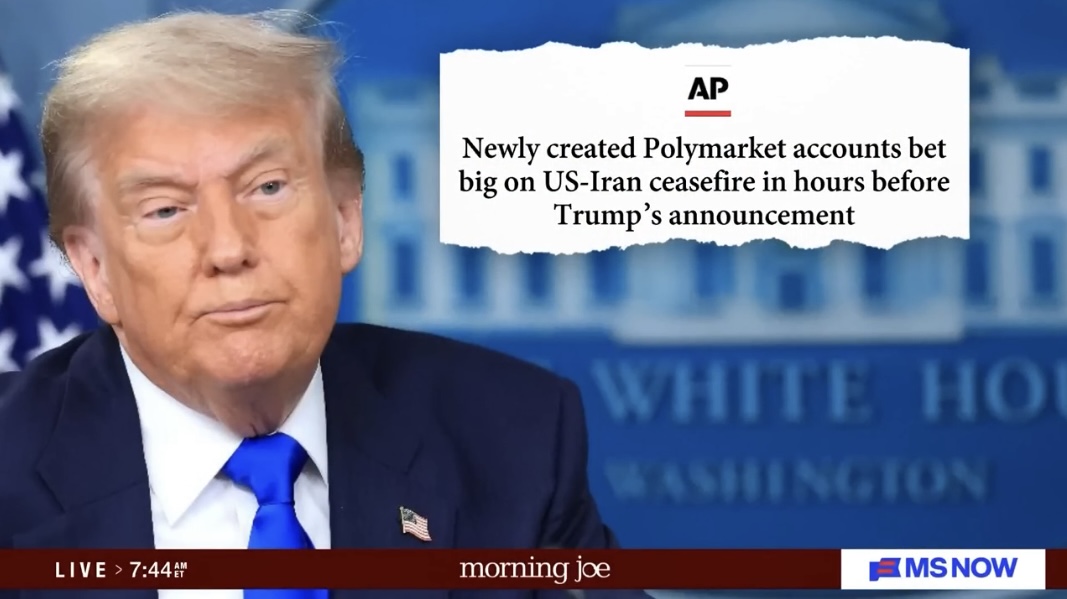 MS NOW frame showing Donald Trump beside an AP headline about Polymarket ceasefire bets